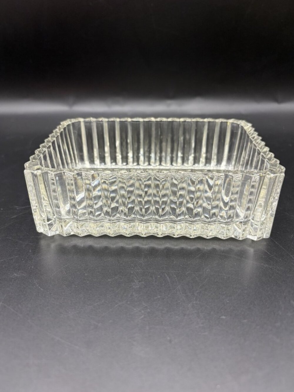 Vintage Art Deco Glass Trinket Dish Cigarette Box Clear Ribbed No Lid Vanity